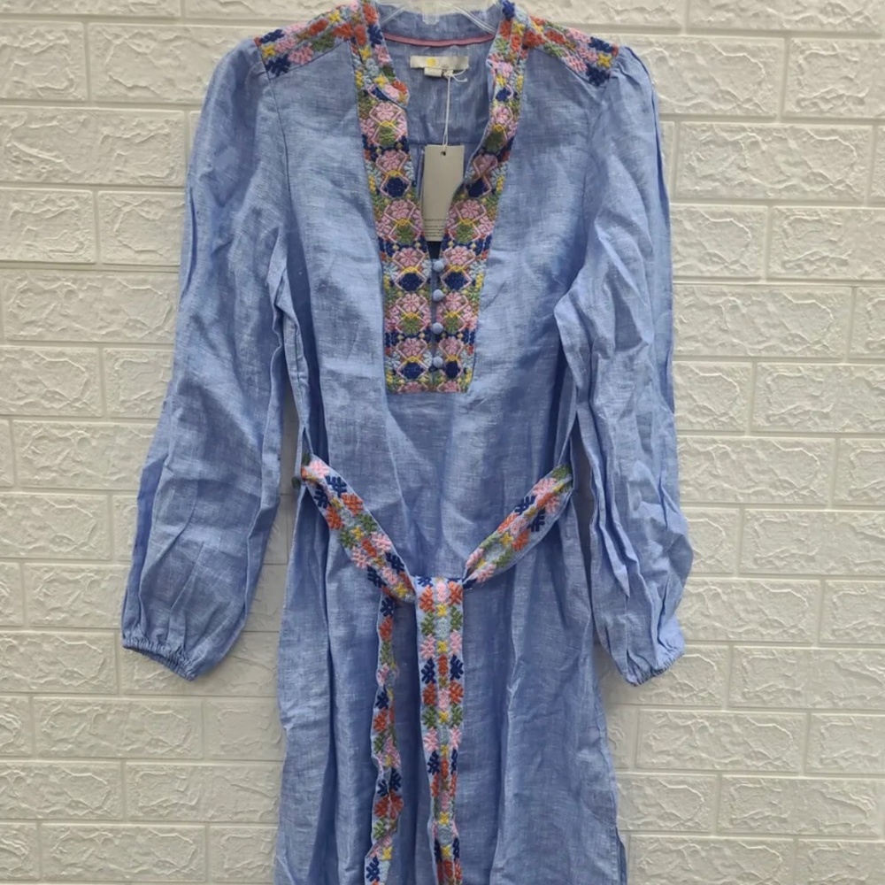New Boden Embroidered Midi Kaftan Dress Chambray Size 6